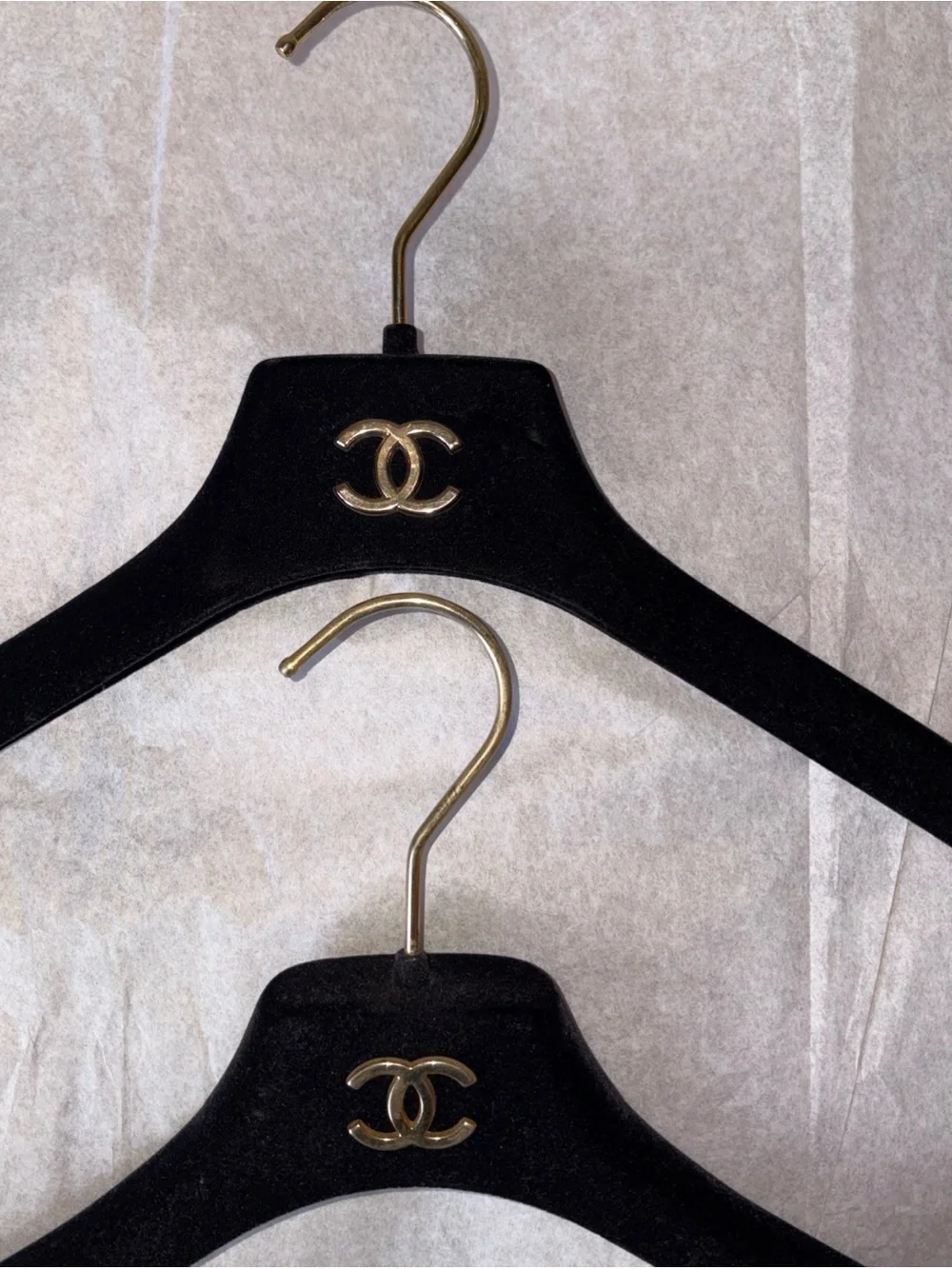 CHANEL Black Velvet Hangers with Gold CC Logos (Set of 3)